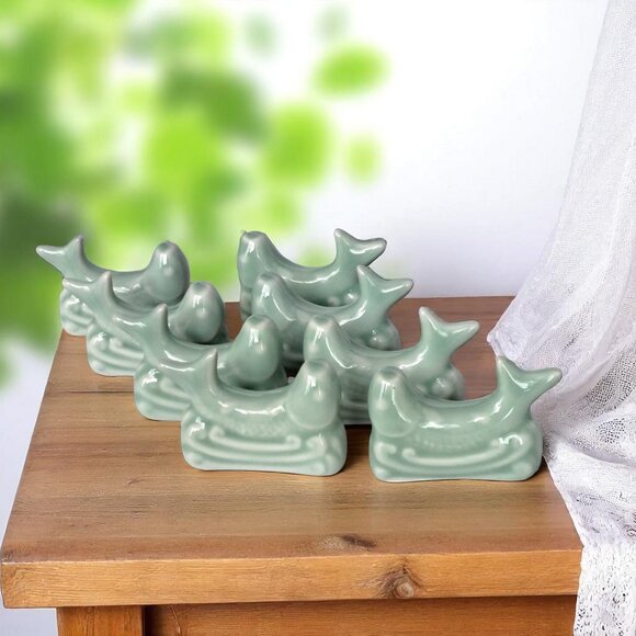 Knife Chopstick Rests Ceramic Lot Of 8 Celadon Green Koi Fish Waves Chop Stick - Picture 2 of 9